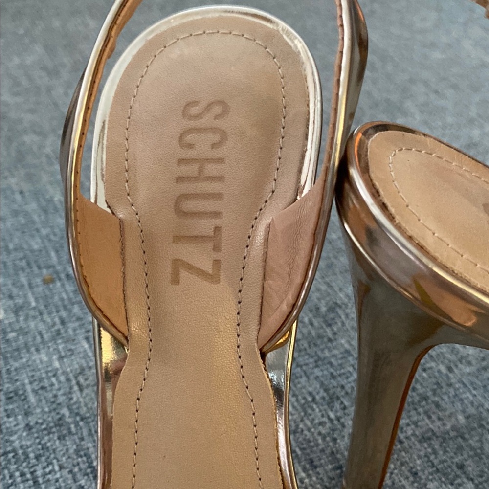 SCHUTZ Metallic Gold Strappy Heels - Picture 2 of 5